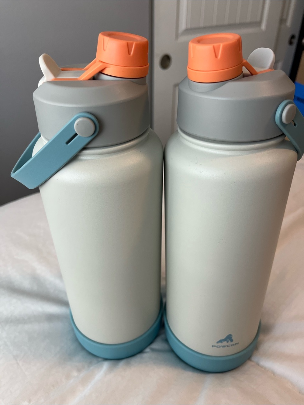 Powcan Cream Insulated Bottle with Blue Base & Coral Lid Set of Two